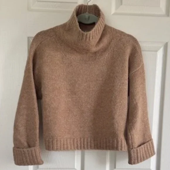 Anthropologie Pilcro Wool Blend Mock Neck Camel/Tan/Beige Boxy Crop Sweater XXS - Picture 2 of 7
